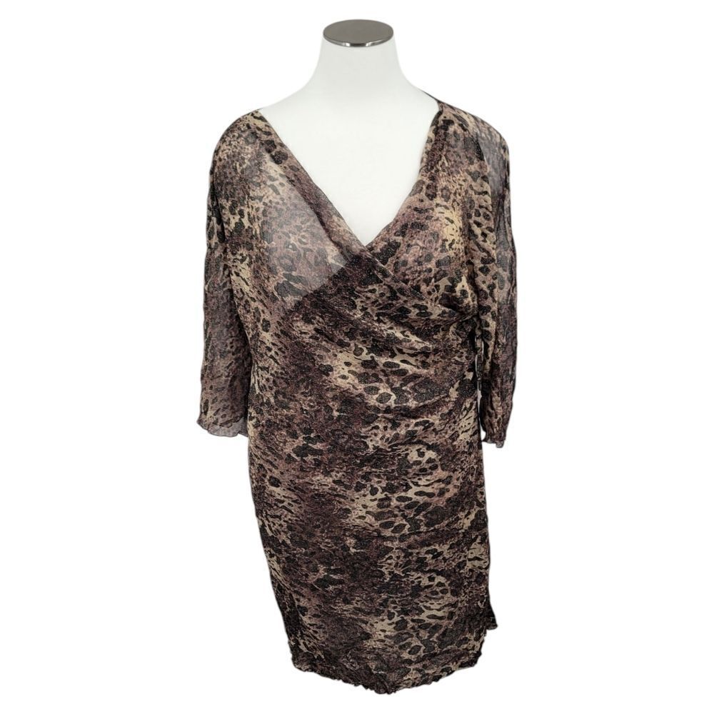 Midnight Velvet Vintage Leopard Print Semi Sheer Faux Wrap Dress Plus Size 3X